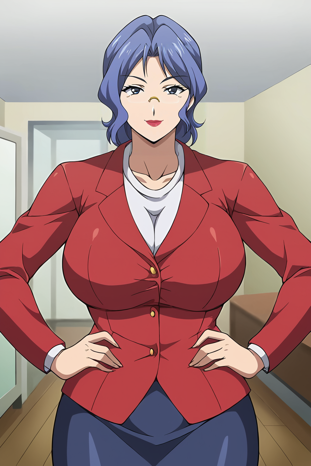 <lora:Naoko_Daimon-Kyonyuu_Hitozuma_Onna_Kyoushi_Saimin:0.8>,naoko,1girl,glasses,mature female,blue eyes,blue hair,lipstick,breasts,red suit,skirt,cowboy shot,hands on own hips,looking at viewer,smile,indoors