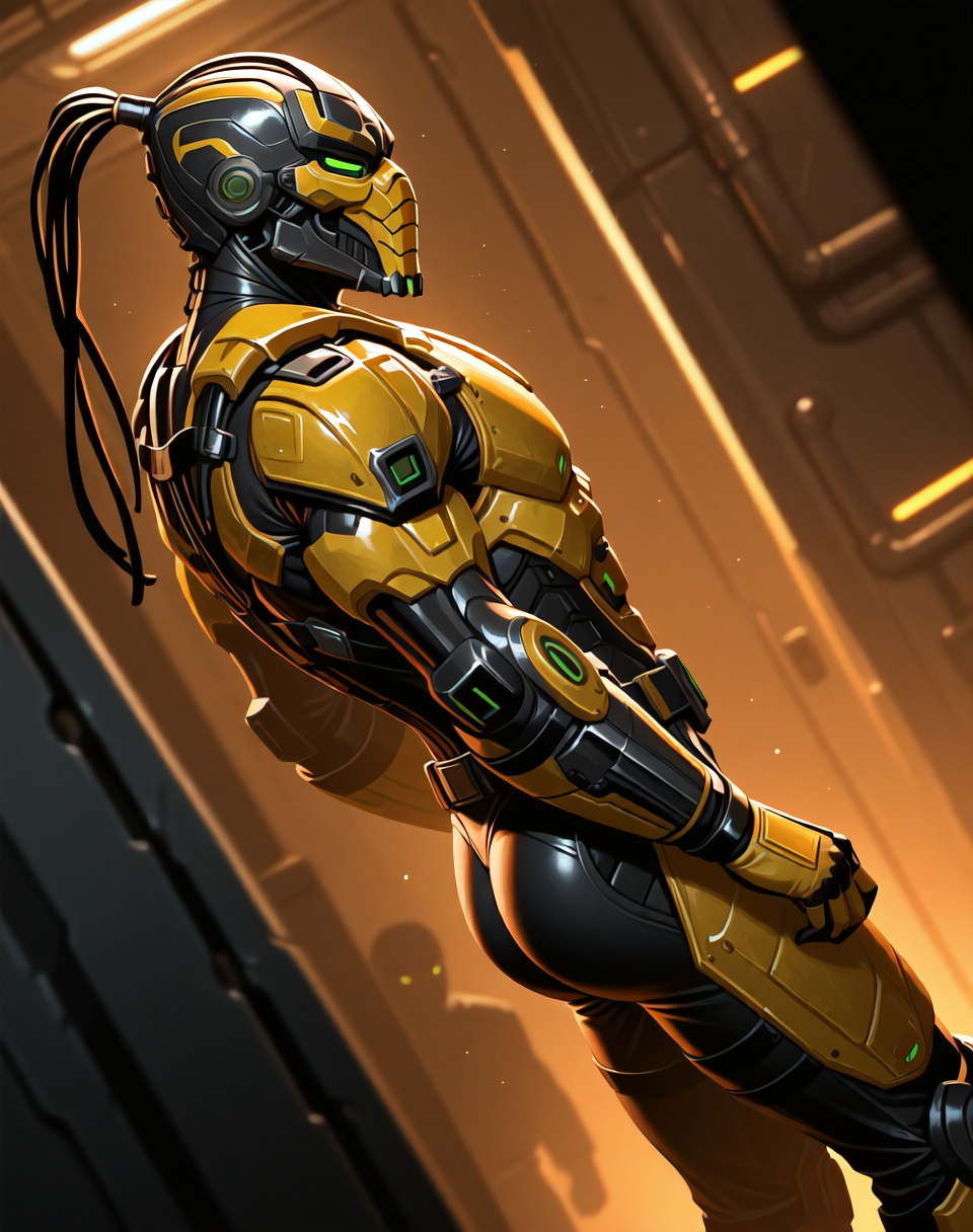<lora:Cyrax_(Mortal_Kombat)_(Illustrious)_(AD):1.35> Cyrax, robot, Mortal Kombat, 
dutch angle, interior, underground robotic laboratory, 
male chest focus, gradient coloring, villain, end boss, overpowering, side view, butt, 
BREAK very awe, aesthetically pleasing, masterpiece, best quality, amazing quality, very aesthetic, perfect depth of field shot, in'ei,
Smooth Quality, lazympos, IllustQualXL_Pos,