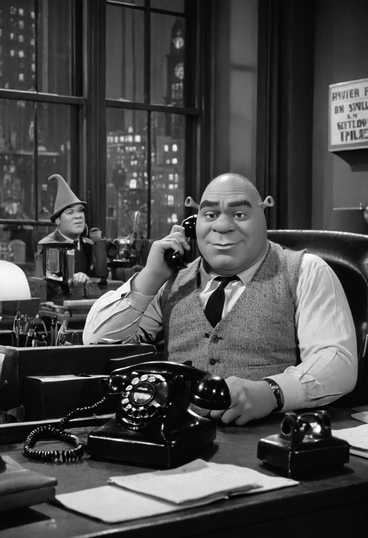 In 1950s Chicago, Night, interior of a private detective's office, the Shrek sitting by his desk, talking on the phone, the blinds on the window let in the neon lights. Captured on a 35mm camera, black and white, classic film.
inside  <lora:JuggerCineXL2:1>  Film Still, film grain   <lora:Shrek1024:0.5> Shrek1024