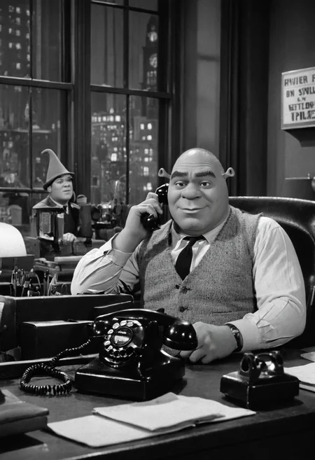 In 1950s Chicago, Night, interior of a private detective's office, the Shrek sitting by his desk, talking on the phone, the blinds on the window let in the neon lights. Captured on a 35mm camera, black and white, classic film.
inside  <lora:JuggerCineXL2:1>  Film Still, film grain   <lora:Shrek1024:0.5> Shrek1024