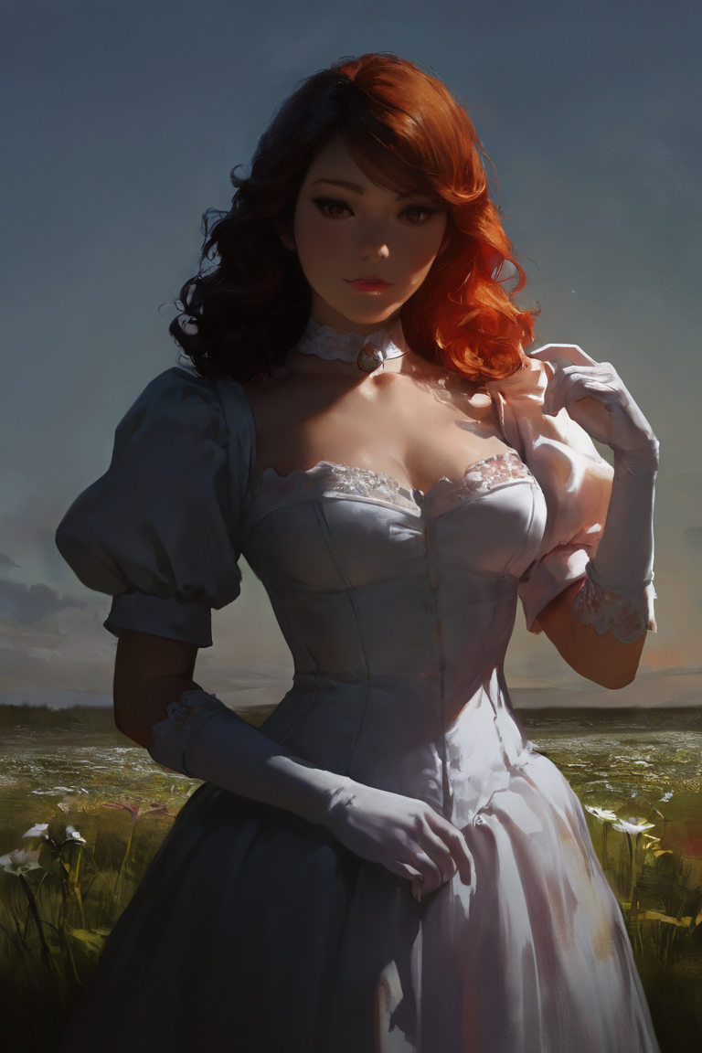 masterpiece, best quality, highres, newest, concept art, realistic, low light, dark, 1girl, solo, medium hair, curly hair, wavy hair, orange hair, swept bangs, brown eyes, lips, lipstick, looking at viewer, medium breasts, choker, medium dress, white dress, lace trim, puffy sleeves, puffy short sleeves, short sleeves, gloves, elbow gloves, white gloves, hand up, cowboy shot, closed mouth, standing, outdoors, field, flower, grass, plant, sky <lora:Concept Art Darkness [LoRA] - NoobAI-XL EPS 1.0:0.8>