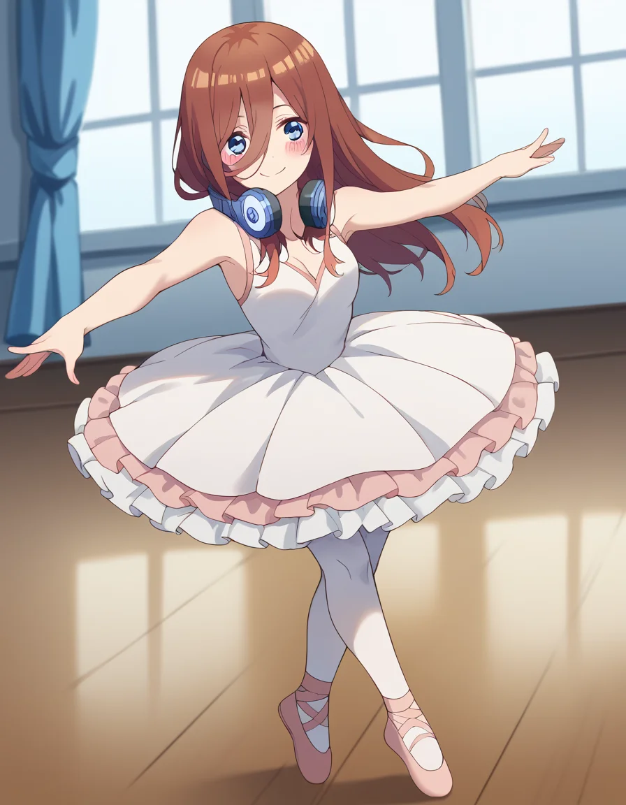 score_9, score_8_up, score_7_up, source_anime, mikunakano, <lora:miku-nakano-s2-ponyxl-lora-nochekaiser:1>, miku nakano, long hair, bangs, blue eyes, brown hair, hair between eyes, headphones, headphones around neck,, <lora:tutu-ponyxl-lora-nochekaiser:1>, tutu, ballerina, ballet, ballet slippers, white pantyhose,, indoors, dancing, smile, blush,, full body, dutch angle, looking at viewer,