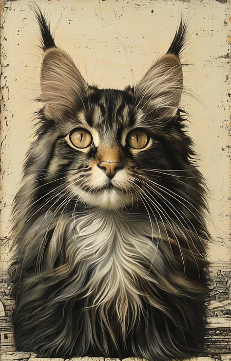 masterpiece,best quality,<lora:tbh150-sdxl:0.9>,style of Piero Fornasetti, cute Mainecoon cat