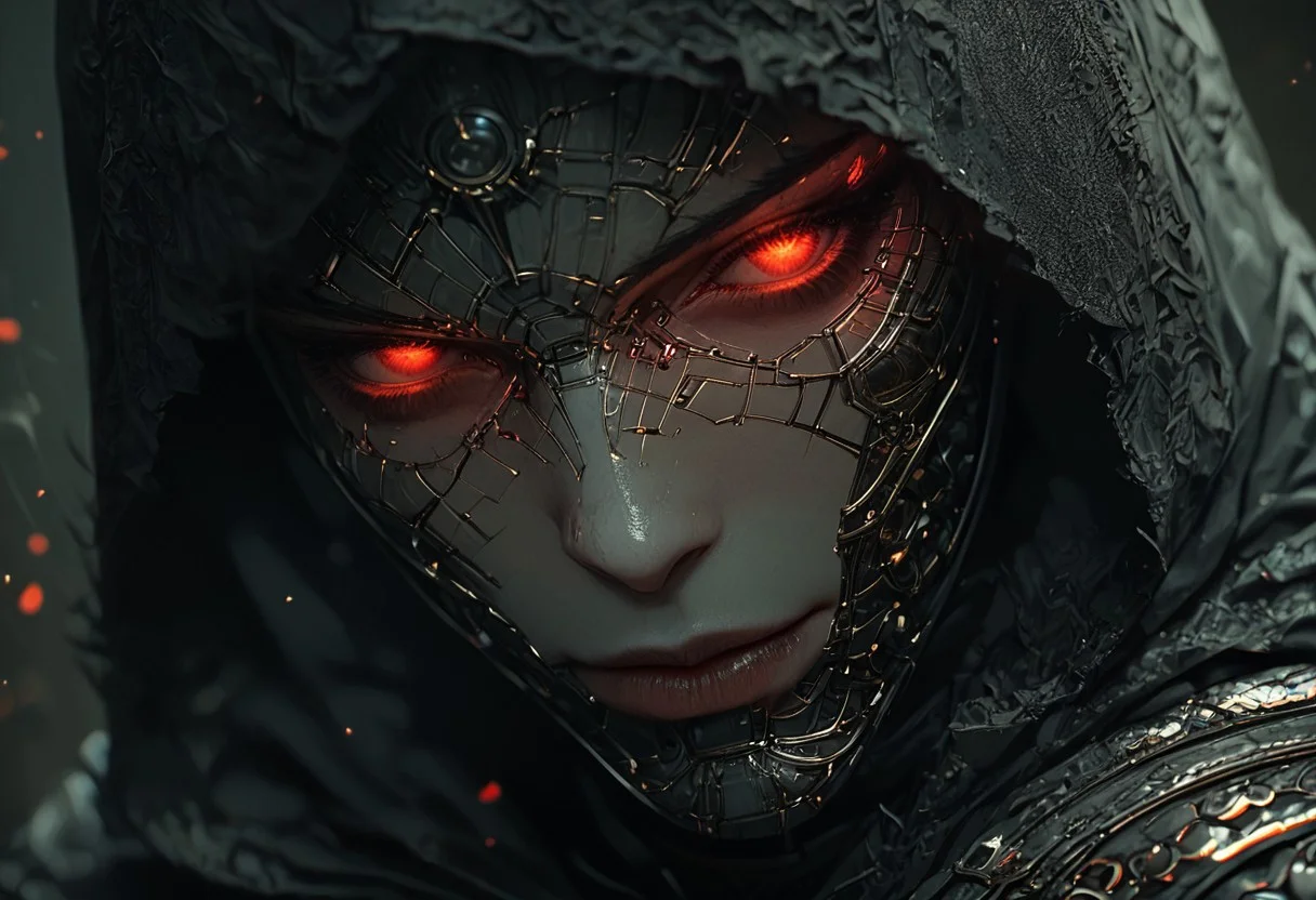 score_9, score_8_up, score_7_up, score_6_up, 1girl, robotic parts, cyborg body, hood up,  slutty Smile, skank, slutty, seductive, Curious Eyes, hourglass figure, large breasts, large ass, thigh gap, (Standing with the upper body leaning back), hkevil, sinozick style, flat color, dark theme, Expressiveh, harness, garter, straps, cupless bra