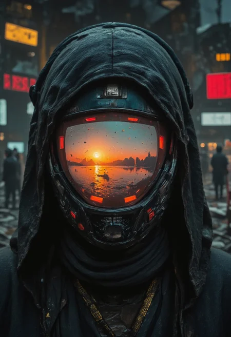 Extreme macro closeup of a cyber scout samurai's face, with the glowing digital display directly in focus, dominating the frame. The display projects a vivid golden hour shore landscape, contrasting starkly with the gritty, dystopian textures surrounding it. The screen glows ethereally, reflecting faint light onto parts of the scout’s mechanical armor and obscured facial features. The intricate details of the display interface, including faint glitches, flickering symbols, and data streams, are sharply captured.
The backdrop, blurred into a smoky, dystopian haze, hints at a neon-lit megacity far in the distance, creating a stark juxtaposition of brightness and decay. Subtle reflections of translucent gray, yellow, and red hues shimmer across the edges of the scout’s advanced gear. Film grain and a shallow depth of field add cinematic intensity, emphasizing the tech-driven essence of the futuristic scout amidst the atmospheric, post-apocalyptic ambiance.