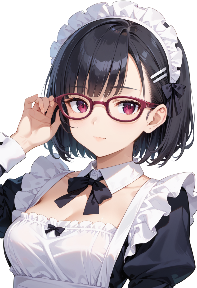score_9, score_8_up, score_7_up, rating_safe, masterpiece, best quality, absurdres, unity 8k wallpaper, official art, official style, source_anime, uncensored, game cg, megami magazine,
1girl, solo, black hair, medium hair, upper body, covered eyes,maid, maid headdress, black dress, maid apron, face focus,
oval_cell, glasses, still life, white background, simple background, red-framed eyewear,
 <lora:glasses_OvalCell2_PONY_V1:1>