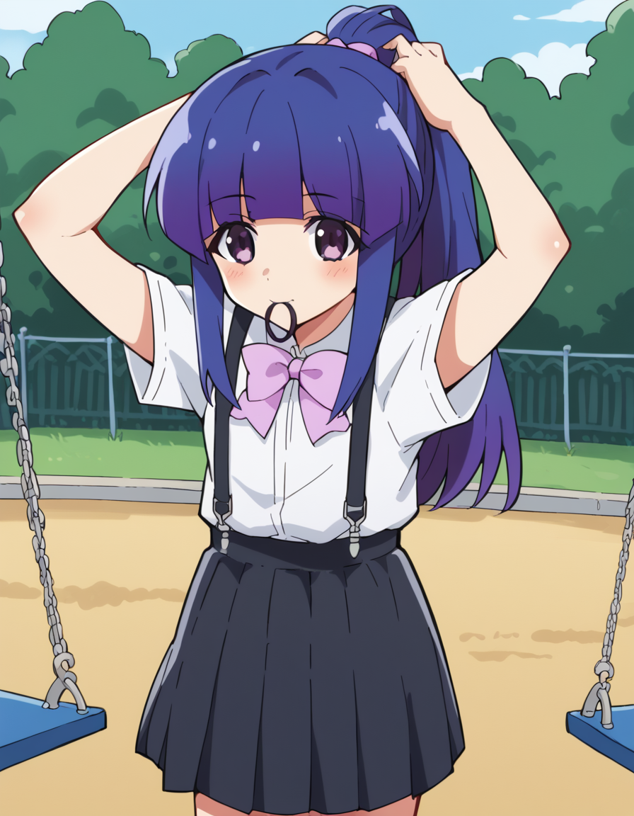score_9, score_8_up, score_7_up, source_anime, <lora:rika-furude-s4-ponyxl-lora-nochekaiser:1>, rika furude, long hair, bangs, blue hair, purple eyes, blunt bangs, purple hair,, skirt, shirt, bow, school uniform, white shirt, short sleeves, pleated skirt, bowtie, black skirt, suspenders, pink bow, suspender skirt,, public park, playground, swing set, laughter, sunny day, , <lora:hair-tie-in-mouth-ponyxl-lora-nochekaiser:1>, hair tie in mouth, hair tie, mouth hold, rubber band, blush, tying hair, adjusting hair, hands in hair, arms up, arms behind head, ponytail, hand in own hair, hair lift, cowboy shot, looking at viewer, looking at viewer, solo,, dutch angle, cowboy shot