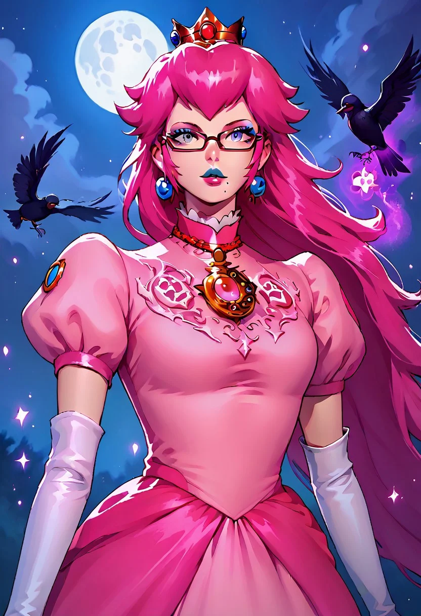 upper body, half body, ((crown, dress, gem, gloves, pink dress, puffy short sleeves, puffy sleeves, short sleeves, white glove)), BayonettaSDXL, Bayonetta2, 1girl, solo, focus, magic, dark shadows magic, long hair, looking at viewer, absurdly long hair, ponytail, Floor length air gray eyes, pink hair, blue lipstick, gloves, jewelry, very long hair, tall girl, earrings, parted lips, glasses, elbow gloves, white gloves, mole, lips, bodysuit, makeup, night, moon, lipstick, mole under, r mouth, full moon, amulet, bayonetta, cowboy shot,, crowmancer, crow flock, drawing dark magic circles with shadows, bold, striking, cowboy shot, easynegative, flat color, dark theme, g4n1m3, shadow magic, arkane_dark, night, night lights, dynamic pose, dynamic angle, Vintage BREAK score_9, score_8_up, score_7_up, score_6_up, source_anime, ((Princess Peach Dress))