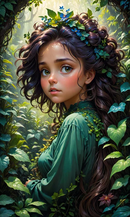 The cutest creature in the universe by greg rutkowski and thomas kinkade, Trending on artstation. Digital art. A vibrant digital oil painting. A highly detailed fantasy character illustration by Wayne Reynolds and Gustave Dore and Carl Monet and Gustave courbet, mysterious deep colors, featuring a woman's face with plants growing out of her hair <lora:Fast:0.69>