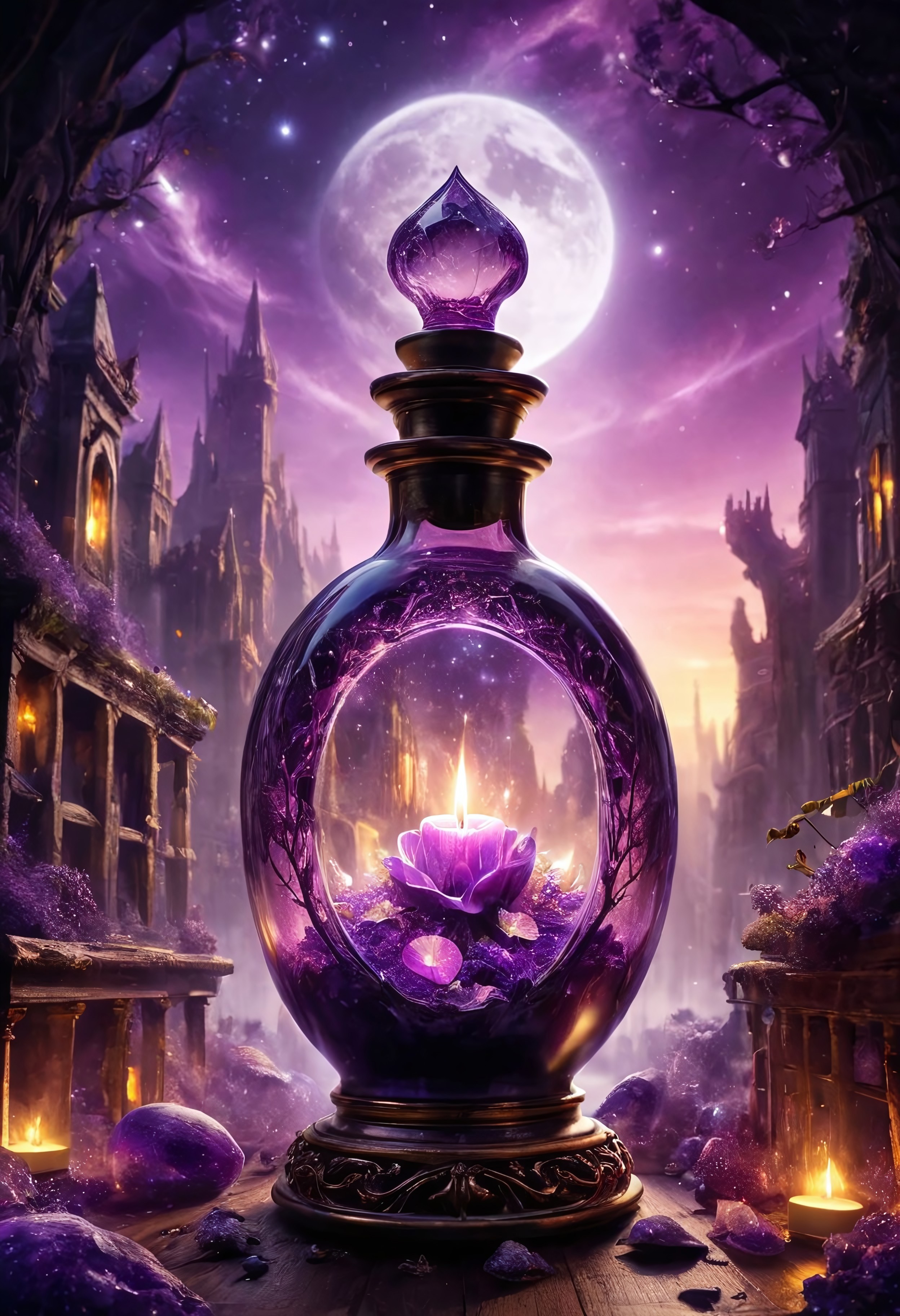 Masterpiece, 4k, high_def, Score_9, Score_8, best quality, photorealistic magic potion, intricately crafted glass bottle, glowing elixir, vibrant hues of purple and silver, ethereal radiance, soft luminous glow, shimmering magical lights, wax-sealed stopper, golden highlights that catch the light dynamically, delicate spark-like particles floating around, fantasy-inspired aura, radiant and majestic, stunning reflections, detailed craftsmanship, evoking an ethereal and otherworldly beauty