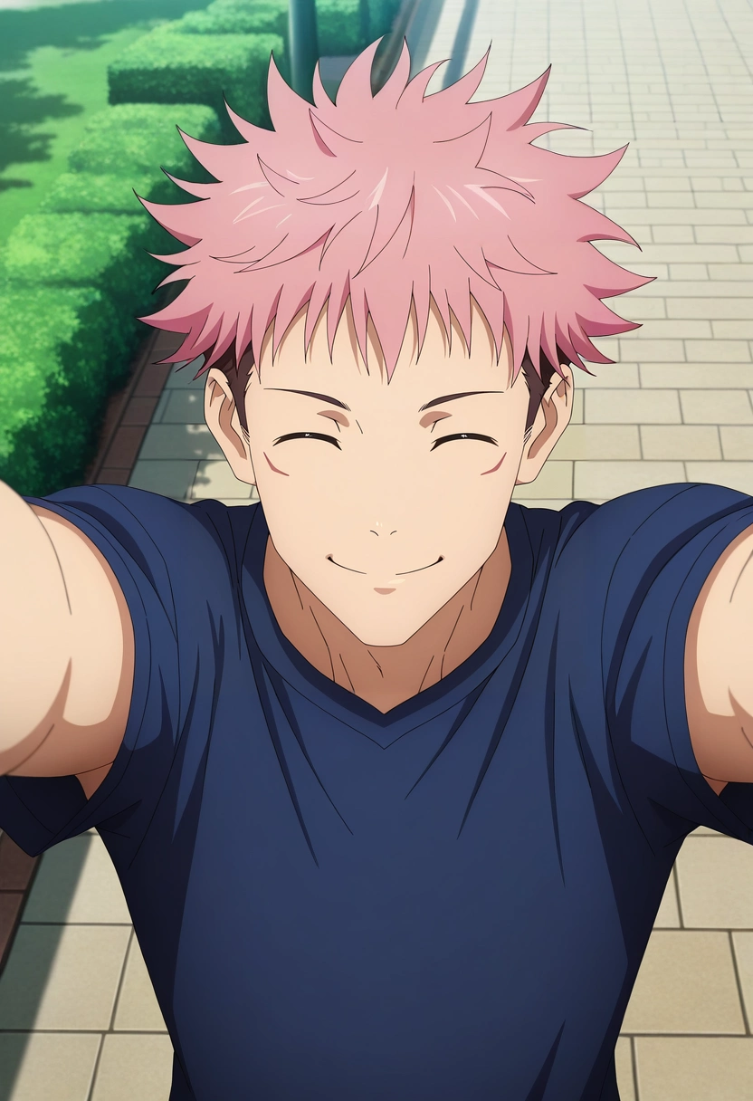 masterpiece, best quality, , anime screencap, , official style, looking at viewer, 1boy, solo, male focus, <lora:yuuji_itadori_ilxl:0.98>, yuuji_itadori, pink hair, brown eyes, short hair, undercut, spiked hair, , from above, park, day, clouds, outstretched arms, (closed eyes:1.2), smile, , flat cap