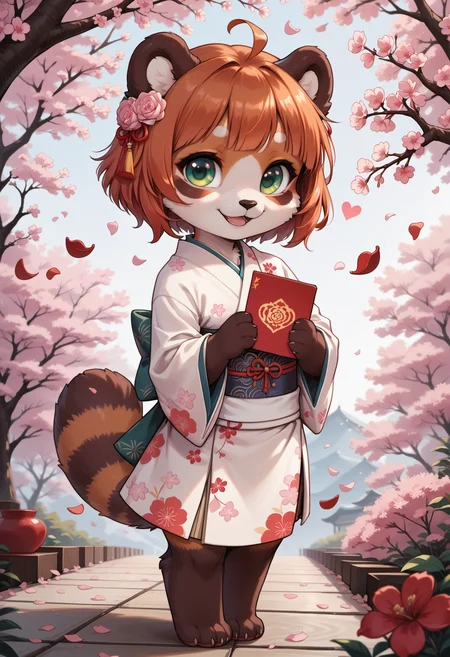 score_9, score_8_up, score_7_up, source_furry, rating_safe, simple illustration,
valentine theme, valentine's day card design, love theme, hearts, cherry blossoms, petals on wind,
1girl, solo,
furry female, (semi-anthro red_panda girl:1.2), (chibi:1.2), beautiful girl, (cute girl:1.2), beautiful face, detailed face, perfect eyes, detailed eyes, big eyes, green eyes, orange hair, short hair, (paws:1.1),
traditional japanese clothes, kimono, flower print,
standing, happy, wide smile, holding love_letter,
<lora:princess_xl_v2:0.6>, <lora:p_ami_v10_adafactor:0.4>, <lora:incase-ilff-v3-4:0.5>, <lora:CleanDetailed_Eyes:0.25>,âââ