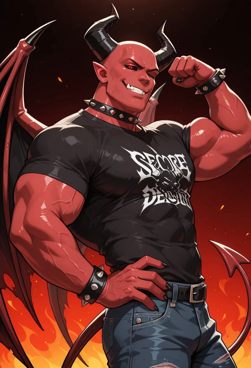 solo, male focus, masterpiece, absurdres, very aesthetic, ultra-detailed, amazing quality, masculine, mature male,
1boy, demon, demon horns, black sclera, red eyes, black nails, sharp nails, red skin, devil wings, devil tail, pointy ears, underbite, fangs, muscular, bara, black shirt, short sleeves, graphic t-shirt, band shirt, huge biceps, pectorals, abs, spiked choker, spiked bracelets, flexing, grin, teeth, one eye closed, winking, arm up, clenched hand, hand on hip, looking at viewer, half-closed eyes, narrowed eyes, bald, shiny skin, from side, side view, jeans, belt,
BREAK
upper body, half-length portrait, perfect lighting, fiery background, abstract background,
score_9, score_8_up, score_7_up, WaiIL25PosC, Expressiveh,