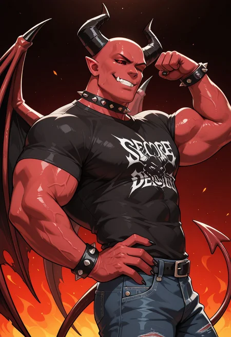 solo, male focus, masterpiece, absurdres, very aesthetic, ultra-detailed, amazing quality, masculine, mature male, 
1boy, demon, demon horns, black sclera, red eyes, black nails, sharp nails, red skin, devil wings, devil tail, pointy ears, underbite, fangs, muscular, bara, black shirt, short sleeves, graphic t-shirt, band shirt,  huge biceps, pectorals, abs, spiked choker, spiked bracelets, flexing, grin, teeth, one eye closed, winking, arm up, clenched hand, hand on hip, looking at viewer, half-closed eyes, narrowed eyes, bald, shiny skin, from side, side view, jeans, belt,
BREAK 
upper body, half-length portrait, perfect lighting, fiery background, abstract background, 
score_9, score_8_up, score_7_up, WaiIL25PosC, Expressiveh,