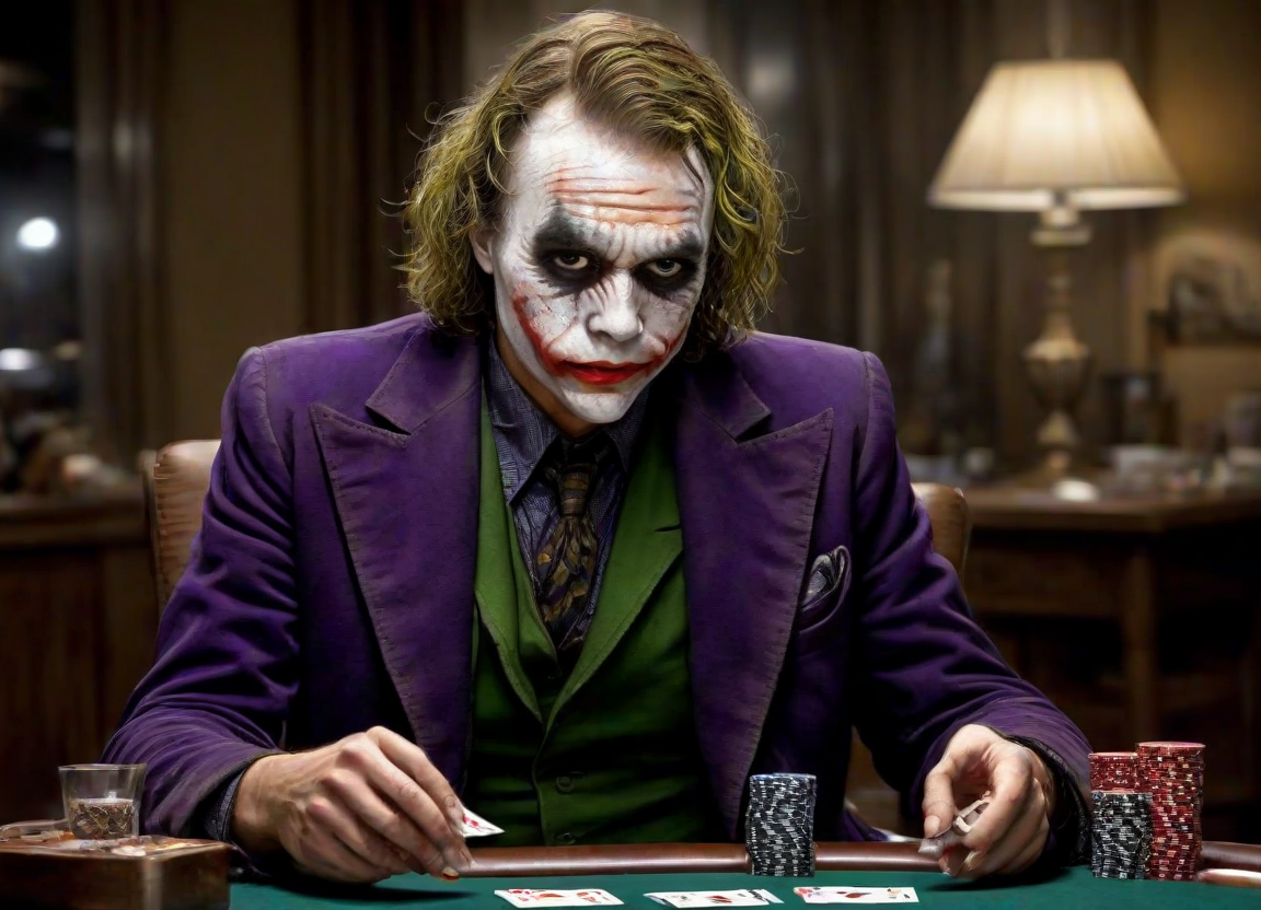 <lora:PE_Joker_DarkKnight:0.8> PEJoker, joker,
playing poker, sitting at table, at home, 
masterpiece, high resolution, octance 4k, high detail,