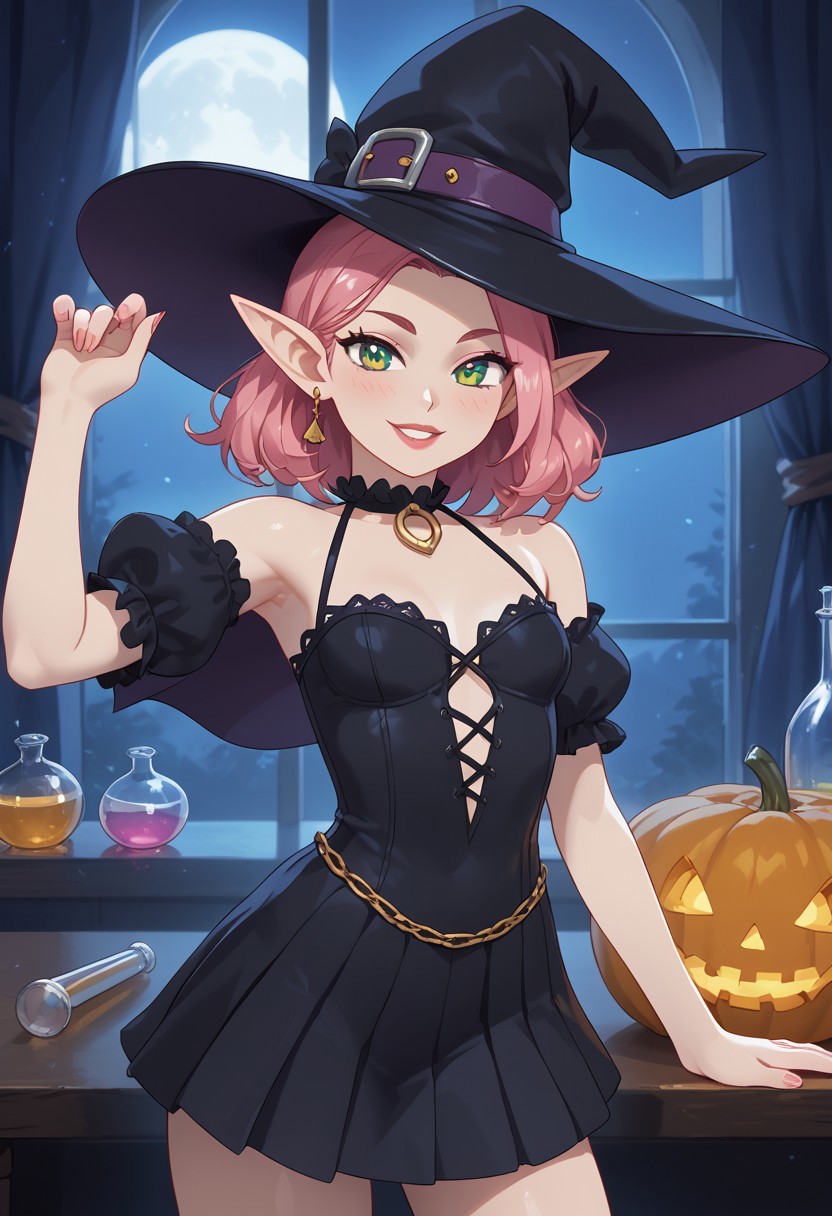 safe_pos, safe image, safe_pos, score 9, score 8, score 7, high detail, perfect face, high resolution, contrast, close-up,
night, indoors, potion shop, moonlight through window,
1 girl, solo, looking at the viewer, ((cute elf witch)), beautiful detailed face,
witch hat, (((black witch outfit))), beautiful green eyes, long pink hair, small breasts,((fully dressed))
halloween,
(8k UHD:1.4)
<laura:Add-details-size:1>
<laura:Dynamic poses:1>