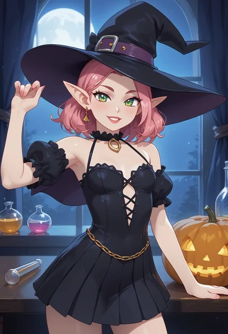 safe_pos, safe image, safe_pos, score 9, score 8, score 7, high detail, perfect face, high resolution, contrast, close-up,
night, indoors, potion shop, moonlight through window,
1 girl, solo, looking at the viewer, ((cute elf witch)), beautiful detailed face,
witch hat, (((black witch outfit))), beautiful green eyes, long pink hair, small breasts,((fully dressed))
halloween,
(8k UHD:1.4)
<laura:Add-details-size:1>
<laura:Dynamic poses:1>