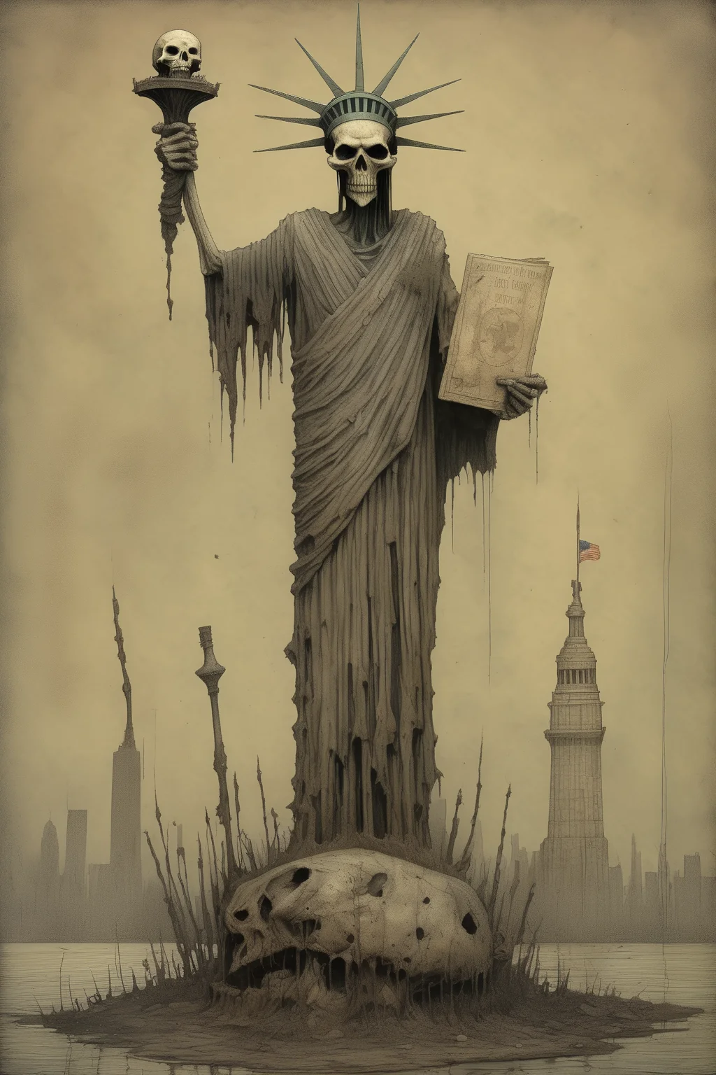 <lora:Santiago Caruso Style:1>Santiago Caruso Style - post apocalyptic Statue of Liberty with a skull as the face, full body, in the style of John Kenn Mortensen