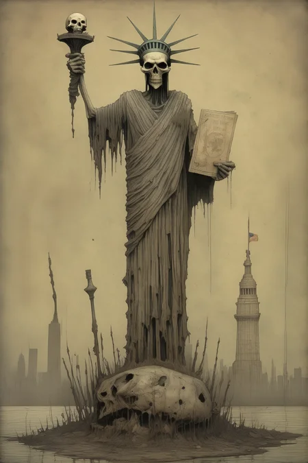 <lora:Santiago Caruso Style:1>Santiago Caruso Style - post apocalyptic Statue of Liberty with a skull as the face, full body, in the style of John Kenn Mortensen