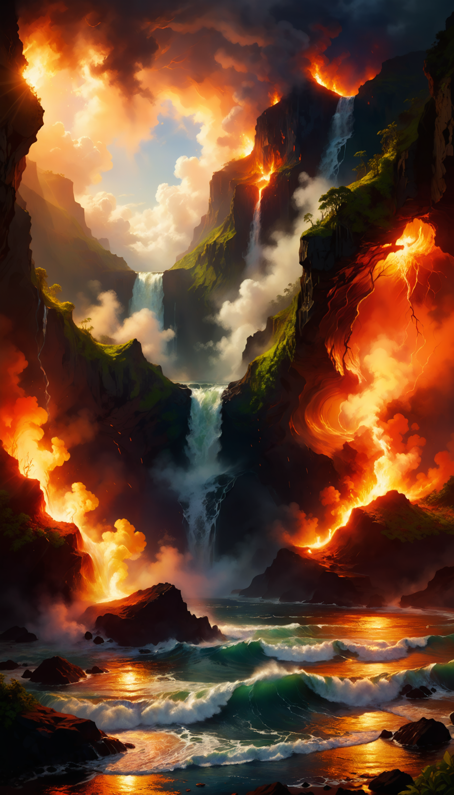 famous artwork by (maurice sapiro:1.4) and (alexei kondratyevich savrasov:1.2), beautiful painting of the hawaii volcanoes national park, fiery lava flows into the churning sea and creates billowing steam clouds, steaming craters, (lush green rainforests:1.1) atop a towering cliff overlooking the azure waters of the ocean, cascading waterfalls, (dramatic sky:1.2), raw volcanic power, force of nature, fiery, ovg, dramatic, scenic, awe-inspiring, crepuscular rays, ultra detailed, 8k, uhd <lora:add-detail-xl:2.4> <lora:more_artful-xl:0.6> <lora:lyco-style-envydramaticlightingxl01_digital_art-xl:0.8> <loractl:envybetterhiresfixxl01-xl:0.2:hr=1.0>