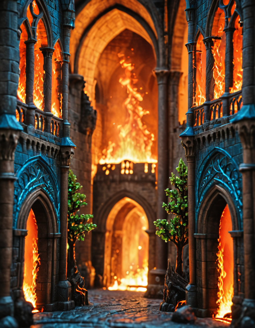 <lora:MW_Minis02xlc:1> m1md, absurdres, arch, arches, blue, bokeh, brown, closeup, columns, epic, epic details, epic scale, fire veins, furious, green, hid15, lava color, medieval buildings, orange, outdoors, shiny diamonds, street, t10, t7, trees