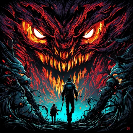 horrible terrors lurking from darkness by dnmumfrd <lora:dan_mumford_v1:1>, danger, chaos, nightmare . anime style, key visual, vibrant, studio anime, highly detailed . award-winning, professional, highly detailed . professional, sleek, modern, minimalist, graphic, line art, vector graphics