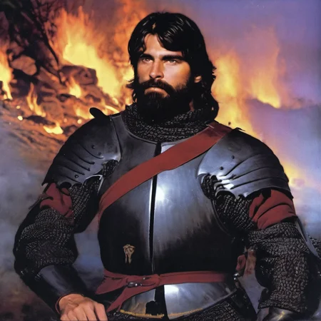 Corluka, gothic armor, pale skin, upper part in frame, knight male, near the bonefire, black beard, thick beard, medieval clothing, dark clothes, long sleeves, short hair, sitting near bonefire, face with wrinkles, bruises under the eyes, night dark forest, starry sky, (((film grain))), (warm colors), 1990s fantasy art, (by Jeff Easy, by Julie Bell), solo, 1man <lora:corluka_sdzl:1>  <lora:gothic armor:1>