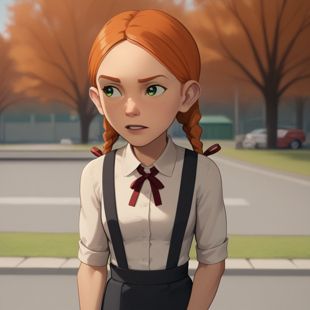 score_9_up, BREAK, Jenny_Bennett , 1girl, solo, orange hair , twin braids, green eyes, red ribbon, white collared shirt, black suspenders, black suspender skirt, outdoors, cowboy shot,  <lora:Jenny_Bennett_PXL_Leaf6:1>, depth of field,