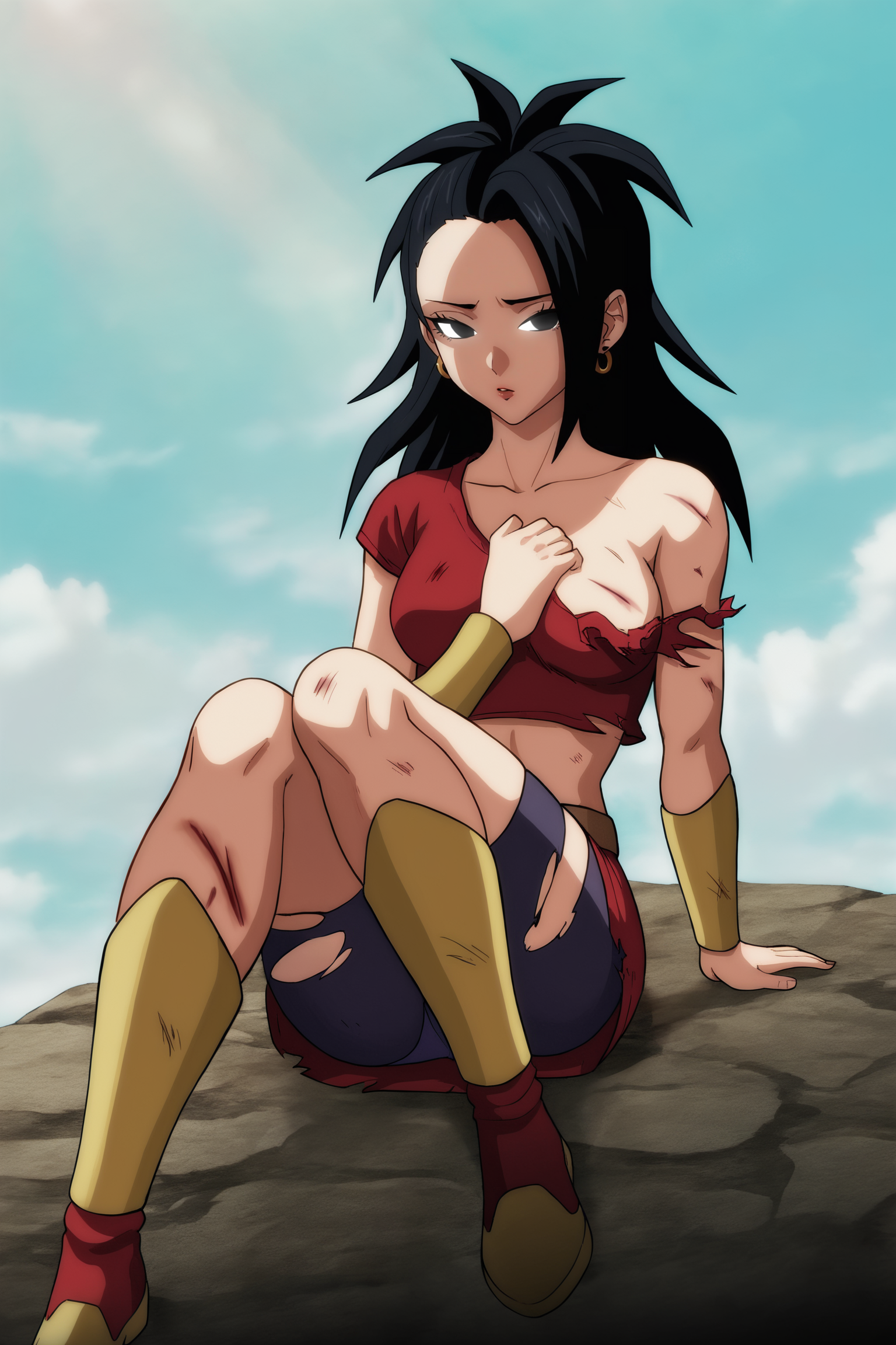 source_anime, score_9, score_8_up, score_7_up, anime screencap, absurd res, high quality,
kale, hair down, official style, 1girl, solo, breasts, looking at viewer, red skirt, red crop top, black hair, single bare shoulder, medium breasts, sitting, collarbone, torn crop top, scratches, hoop earrings, two tone boots, midriff, long hair, black eyes, torn bike shorts, dappled sunlight, torn clothes, outdoors, arm support, blue sky, gold footwear, hand on own chest, bike shorts, belt, knees up, arm at side, knees together feet apart, rock, bracer, boots, exploding clothes
 <lora:Kale_v1:0.8>