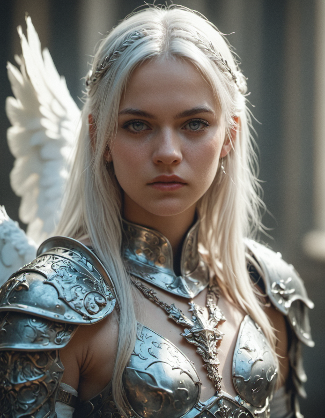 score_9, score_8_up, score_7_up, score_6_up, 1girl, angel warrior, beautiful, white hair, white eyes, long hair,  small breasts,intricate detailed armor, <lora:EldritchCandids1.1.2:0.4> <lora:real_dream_pony_realistic_lora_3:0.4> <lora:MJ52:0.3> <lora:FF.101.juggernautXL_version6Rundiffusion.LORA:0.4> <lora:JuggerCineXL2:0.3>