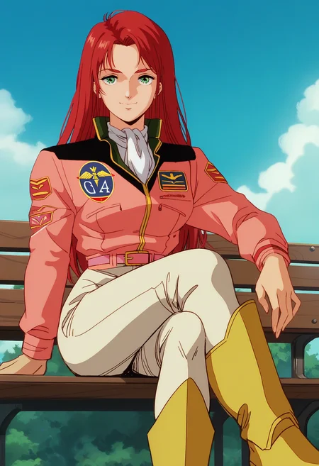 score_9, score_8_up, score_7_up, score_6_up, anime screencap, anime coloring, <lora:G0080CMV1_epoch_8:0.9>, G0080CM, solo, red hair, green eyes, long hair, breasts,
military uniform, pink jacket, pink belt, white ascot, white pants,
knee boots, yellow boots,
light smile, looking at viewer, sitting, crossed legs, bench, 
BREAK outdoors, blue sky, sky, day, sunbeam,