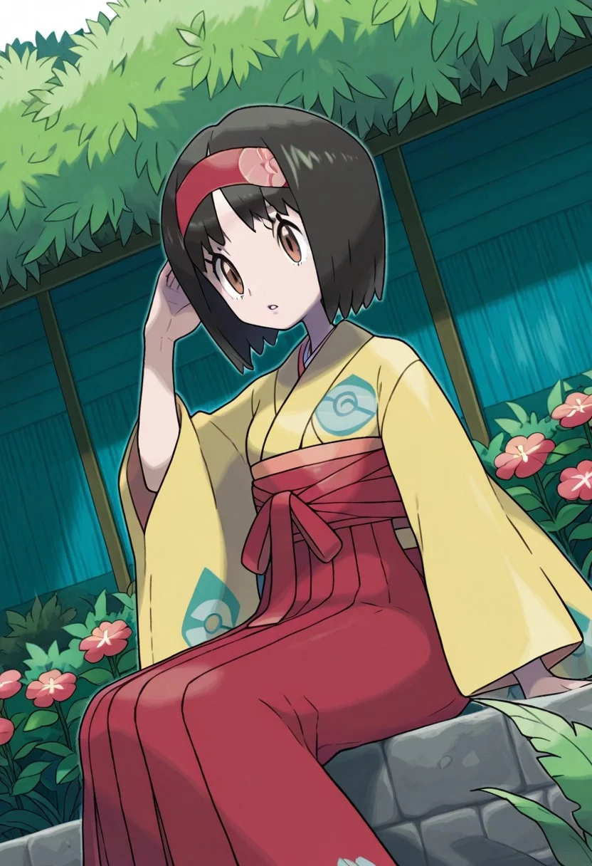 erika, 1girl, solo, black hair, red hairband, short hair, brown eyes, yellow kimono, hakama, red hakama, long sleeves, wide sleeves, flowers, garden, dynamic angle, cute pose, sitting, leafeon (pokemon), masterpiece, best quality, amazing quality, very aesthetic, absurdres, newest, (volumetric lighting), sugimori, jaggy lines, outline