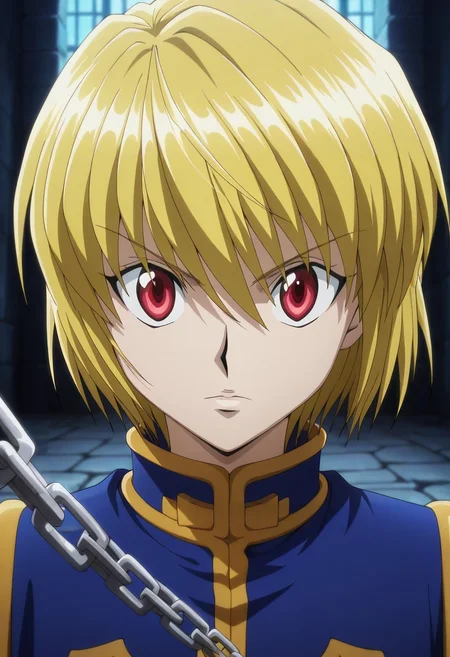 masterpiece, best quality, , anime screencap, anime coloring, official style, looking at viewer, , 1boy, solo, male focus, <lora:kurapika_hxh_ilxl:1>, kurapika_hxh, blonde hair, red eyes, short hair, bangs, hair between eyes, chain, ,