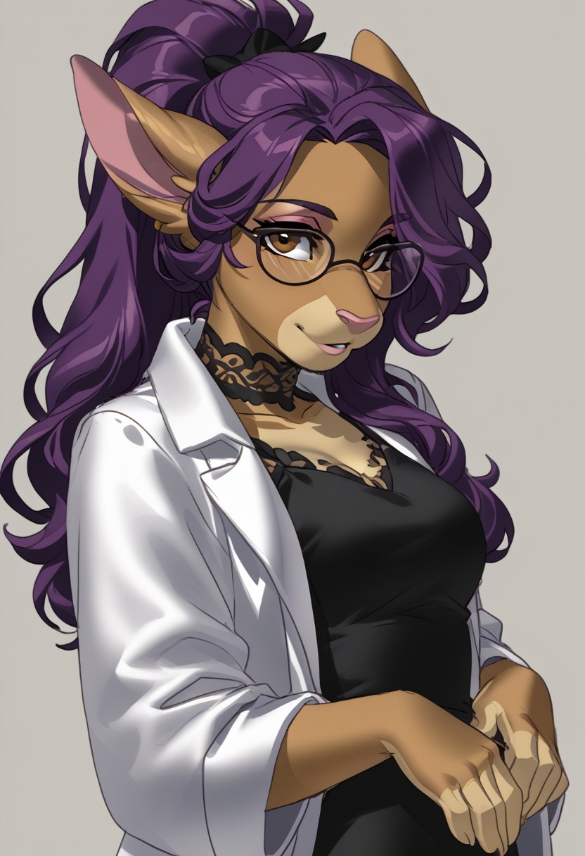 score_9, score_8_up, score_7_up, (by jailbird:1.5), (by kittydee:1.5), (by zummeng:1.5), masterpiece, best quality, (solo),  
(Furry Art: anthro: Aardvark:1.5), 1girl, expressive eyes, feminine eyes, <lora:beautiful_detailed_eyes:1>, perfect face, aardvark, mammal, brown skin, large ears, long nose, brown eyes, ponytail hair, purple hair clips, messy hair bangs, brown eyes, black glasses, medium breasts,  (scienist lab coat :1.5), (black dress:1.5),