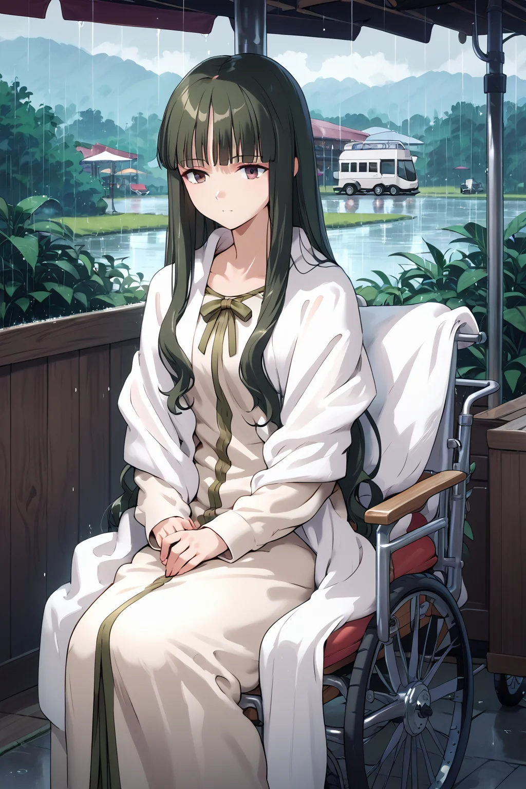 score_9, score_8_up, score_7_up, , source_anime, 1girl,   tohsakaaoi, long hair, brown eyes, blunt bangs, dark green hair,long dress, shawl, long sleeves, ribbon <lora:tohsakaaoi_pony-000010:1>, wheelchair,sitting,  expressionless,  rain,
