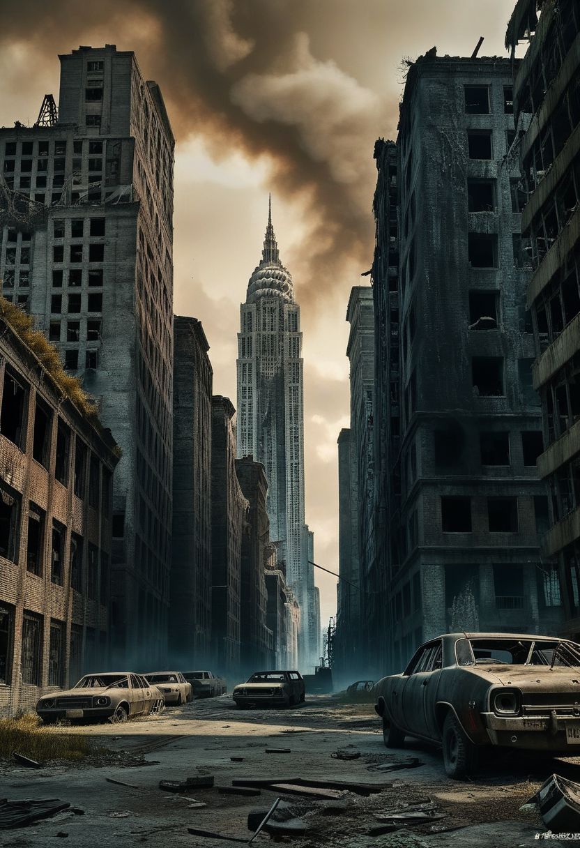 A hauntingly beautiful apocalyptic vision depicting a desolated cityscape in the aftermath of a catastrophic event. The sky is a dark, ominous hue, and the ground is littered with debris, abandoned cars, and destroyed buildings. In the distance, a towering skyscraper stands partially destroyed, with plumes of smoke billowing from its ruins. A few remaining humans, clad in tattered clothes, wander aimlessly in the foreground, their faces etched with despair. The overall atmosphere of the scene is eerie, with a sense of desolation and hopelessness. Post apocalyptic, Futuristic image, Cyberpunk city, Utopia