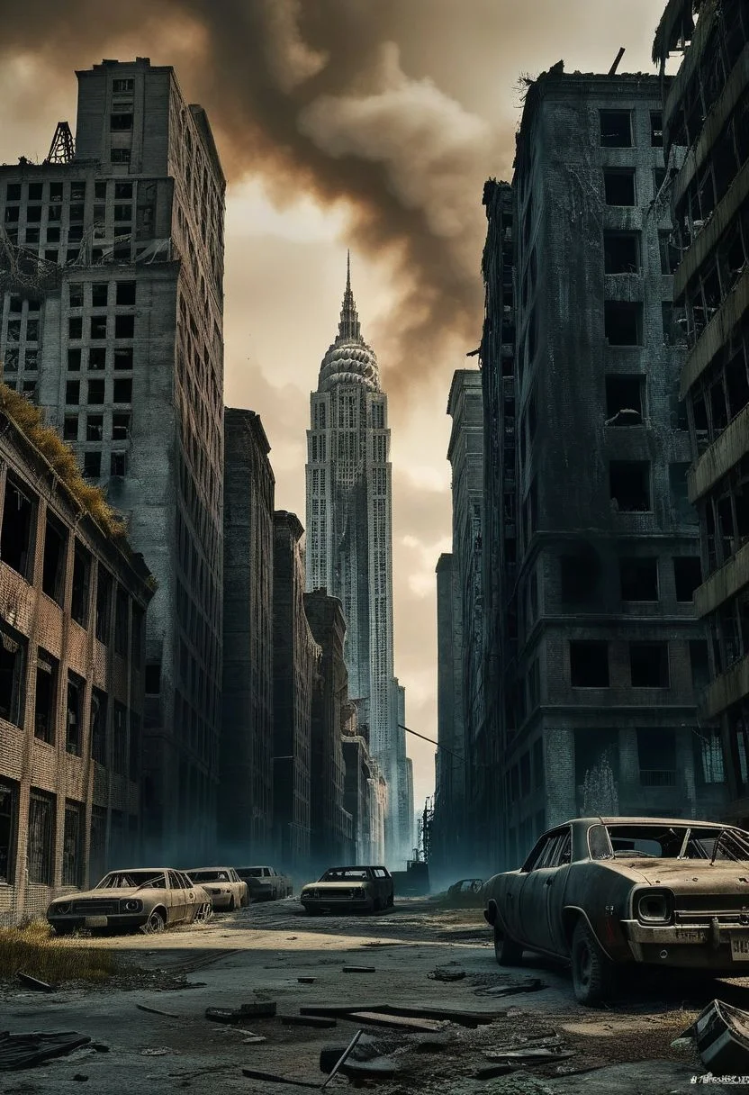 A hauntingly beautiful apocalyptic vision depicting a desolated cityscape in the aftermath of a catastrophic event. The sky is a dark, ominous hue, and the ground is littered with debris, abandoned cars, and destroyed buildings. In the distance, a towering skyscraper stands partially destroyed, with plumes of smoke billowing from its ruins. A few remaining humans, clad in tattered clothes, wander aimlessly in the foreground, their faces etched with despair. The overall atmosphere of the scene is eerie, with a sense of desolation and hopelessness. Post apocalyptic, Futuristic image, Cyberpunk city, Utopia
