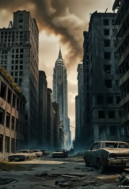 A hauntingly beautiful apocalyptic vision depicting a desolated cityscape in the aftermath of a catastrophic event. The sky is a dark, ominous hue, and the ground is littered with debris, abandoned cars, and destroyed buildings. In the distance, a towering skyscraper stands partially destroyed, with plumes of smoke billowing from its ruins. A few remaining humans, clad in tattered clothes, wander aimlessly in the foreground, their faces etched with despair. The overall atmosphere of the scene is eerie, with a sense of desolation and hopelessness. Post apocalyptic, Futuristic image, Cyberpunk city, Utopia