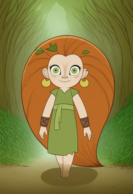 (zPDXL3), full body, solo, 1girl, best quality, 1girl, solo, mebh_human, green eyes, long hair, orange hair, earrings, barefoot, earrings, jewelry, leaf, freckles, muddy feet, looking at viewer, smile, dynamic pose, outdoors, forest, dynamic angle