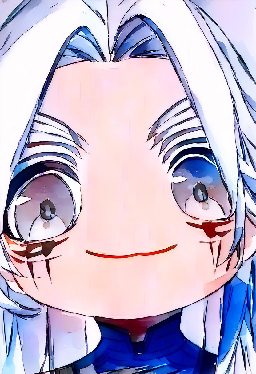 score_9, score_8_up, mutsukiface, chibi, portrait, smile, closed mouth, close-up, ((watercolor painting)),mutsukiface, chibi, portrait, smile, closed mouth, close-up, Calcharo, wuthering waves, white hair, long white hair, face tattoo, bodysuit, grey eyes, black clothes
