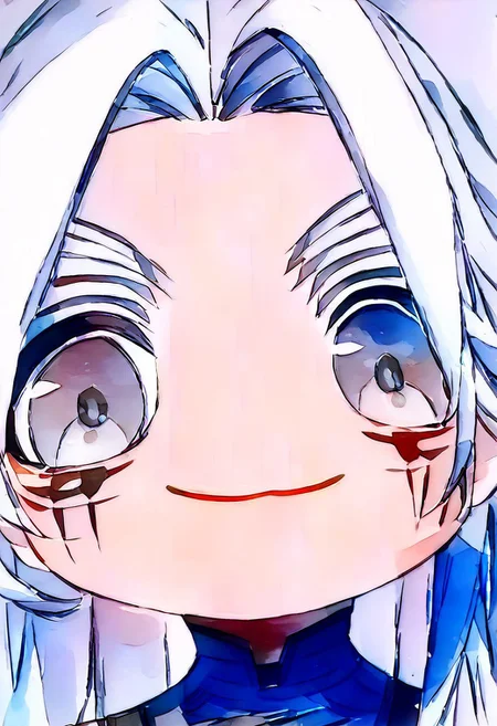 score_9, score_8_up, mutsukiface, chibi, portrait, smile, closed mouth, close-up, ((watercolor painting)),mutsukiface, chibi, portrait, smile, closed mouth, close-up, Calcharo, wuthering waves, white hair, long white hair, face tattoo, bodysuit, grey eyes, black clothes