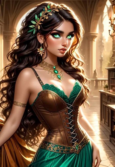 22-year-old Latina female, Her long, brown hair cascades in loose waves down her back, perfectly complementing her warm brown eyes that always seem to sparkle with curiosity and kindness. sun-kissed skin and athletic build reflect her love for the outdoors and an active lifestyle. She's in a vibrant and intricately laced cup-less formal corset dress that showcases her personality and cultural pride. Big natural cleavage. She has a serious expression on her face. Standing in the library of a castle, make the background in focus too. Camera should be up high looking down on her face and cleavage, top view. Give her a gold headband, beautiful and intricate gold necklace with an emerald in it, earrings, bracelet. Euphoria makeup style: with rhinestones around the eyes, bold colors and drama. really focus on the eyes and make them as accurate as possible.