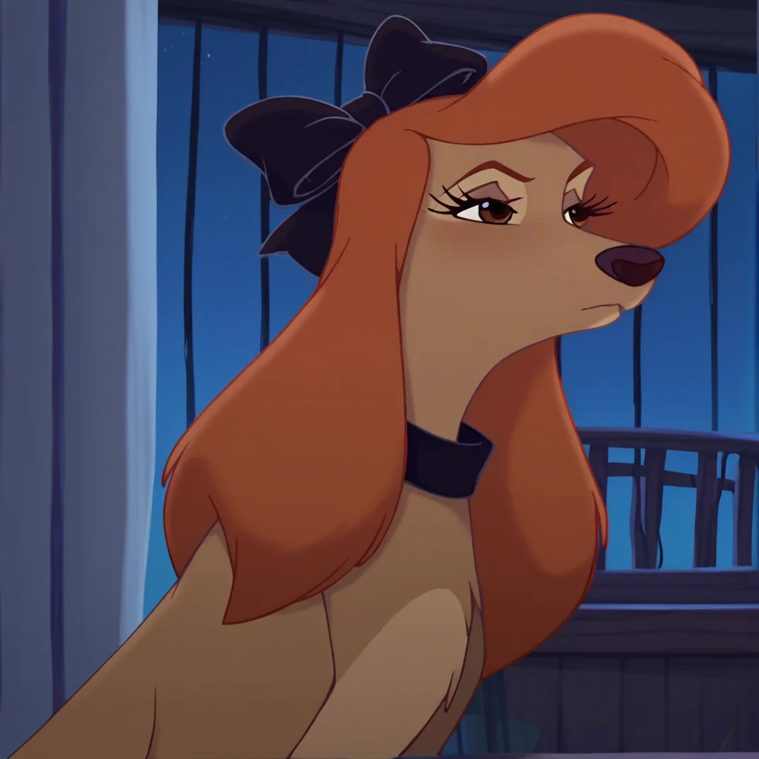 core_9, score_8_up, score_7_up, score_6_up, score_5_up, score_4_up,  <lora:Dixie:1>, dixiedog, 1girl, solo, long hair, bow, hair bow, eyelashes, night, dog, body fur, brown fur, animal, brown eyes, black bow, orange hair