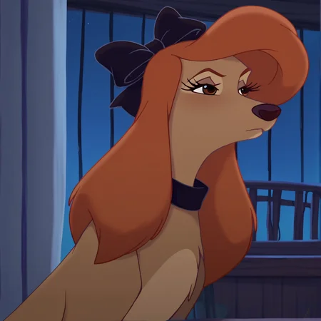 core_9, score_8_up, score_7_up, score_6_up, score_5_up, score_4_up, <lora:Dixie:1>, dixiedog, 1girl, solo, long hair, bow, hair bow, eyelashes, night, dog, body fur, brown fur, animal, brown eyes, black bow, orange hair