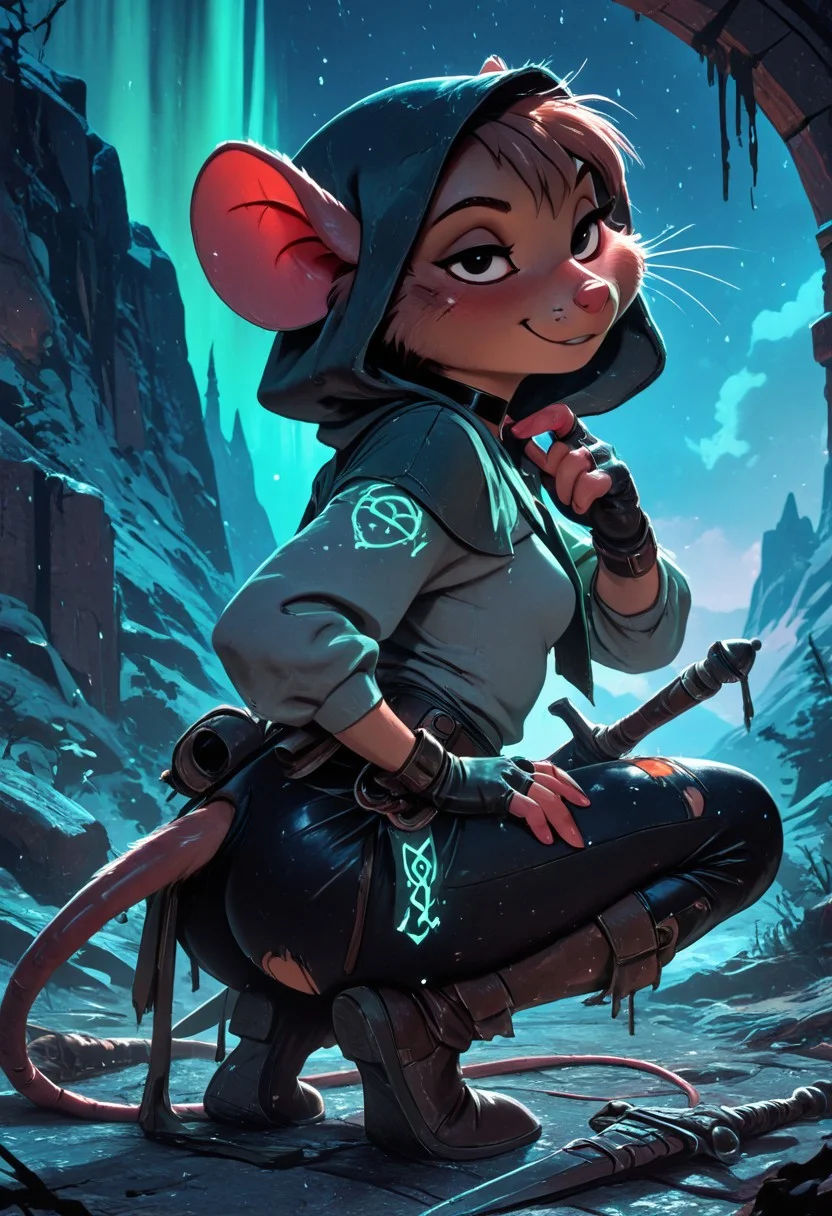 highres, very detailed, amazing quality, masterpiece,
very aesthetic,
particle effect, RBL-Illu,
1girl, Olivia_F, furry female, body fur, brown fur, animal nose, short hair, brown hair, female, mouse, brown fur, mouse face, whiskers, mouse ears, mouse hands, mouse feet, long mouse tail, Covered in Tattoos, runic glowing tattoos, neck tattoos, runic armor, slightly glowing runes on armor, tight pants, ripped pants, holes ripped in pants, hooded, small breasts, side boob, choker, fingerless gloves, blade, sword, sword sheathed, sheathed on hip, ancient ruins, squatting down, brushing off a rune on the floor,
Viking theme, Nordic theme, nordic runes,
looking at viewer, tough pose,
seducing, seductive, flirty, tender, loving, playful, cocky smirk, cocky,
on a mountain, snowing, Cloudy Sky, at night, nighttime, aurora in the sky,