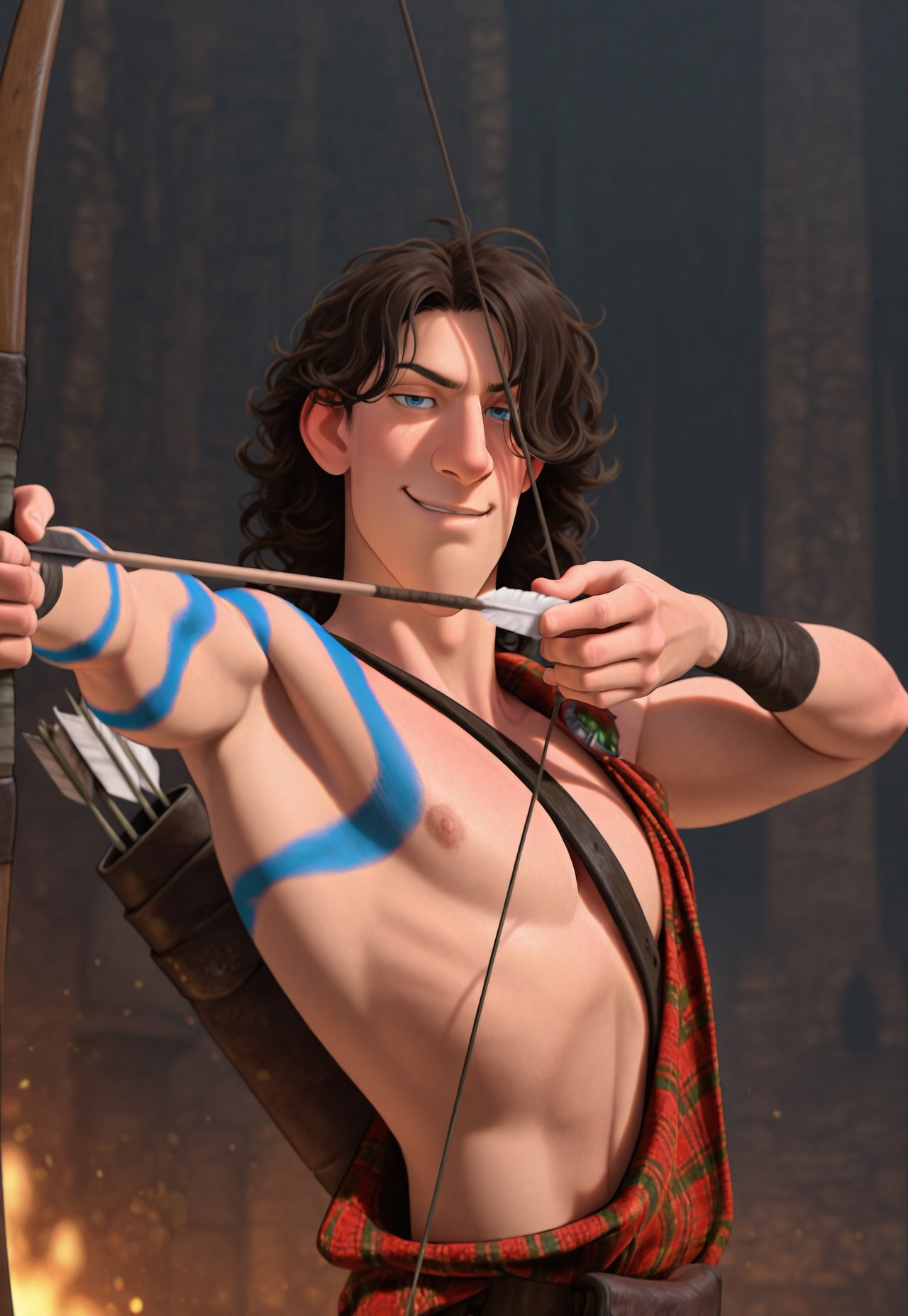 masterpiece, best quality, amazing quality, detailed background, intricate details, dynamic, cinematic, animated, anime realistic shading, solo, male focus, 1boy, handsome, ry4n, brown hair, curly hair, medium hair, blue eyes, arm woad paint, muscular male, upper body, tartan kilt, leather wristbands, leather boots, flirting with viewer, smirk, holding bow (weapon), arrow, aiming, abstract background,