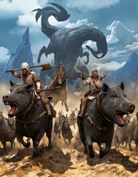 Art by Alejandro Burdisio. A digital illustration shoot from below about a fantasy battle scene featuring a group of men on horseback and a large, menacing creature looming in the background. the scene is set in a desert landscape with a clear blue sky and sparse vegetation. on the middle of the image, a man, presumably in his late 20s, appears to be facing away from the viewer, with a determined expression on his face. he is wearing a brown tunic and a white helmet, and is holding a sword in his right hand. to his right, another man, also in his mid-20s, is standing, holding a large axe in his left hand, facing the viewer. he has a muscular build and is positioned in the center of the scene. on either side of the man, two large, black boars are galloping forward, with their mouths open, as if roaring. the boars have intricate patterns on their fur, and the man on the top of one of them is positioned at the front of the group. the background features a distant, rocky landscape with distant mountains and a distant sky filled with clouds. the overall atmosphere is dramatic and action-packed, with the men engaged in a fierce battle.