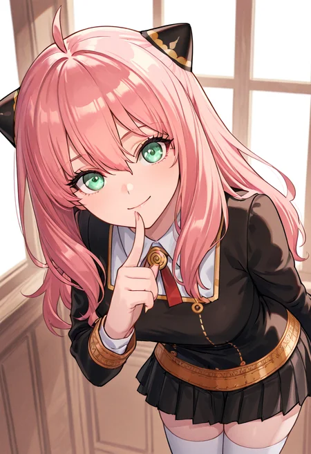 masterpiece, best quality, 1girl, solo, eyelashes, (beautiful eyes),     zzAnya, green eyes, hair between eyes, ahoge, pink hair, long hair, hair ornament, hairpods,    ,<lora:AdultAnyaIXL:1.0>,  smile, leaning forward, head tilt, finger on lips, detailed eyes,  long sleeves, dress, school uniform, white shirt, pleated skirt, collared shirt, miniskirt, black skirt, black dress, white thighhighs, red ribbon, zettai ryouiki, neck ribbon, gold trim,