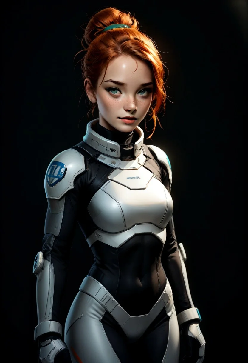 ultra detailed, 1girl, solo, gorgeous girl, cute girl, 25years old, adult, green eyes,(ginger hair), updo hairstyle,horny, boobs, dramatic lighting, sinozick style, g4n1m3, freckles, absurdres, looking aroused, Dark background,Space_3xplorer, Standing, full Body View,