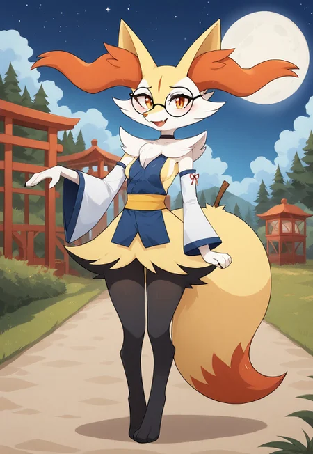 safe_pos, score_9, score_8_up, score_7_up, ultra quality, high res, source_furry, full body
1girl, BraixenPXL, Female Braixen, Anthro Fennec Fox, Furry Female, Amber Eyes, Yellow Fur, White Fur, Black legs, White paws, small breasts, fluffy fox tail, Tall, ((Tall Female))
bare shoulders, detached sleeves, japanese clothes, long kimono dress, long sleeves, sideboob, wide sleeves, dark blue clothes, glasses, black glasses frame, square glasses frame
looking at viewer, warm smile, cute eyes, blushing
Portrait, outdoor, meadow fields, strolling, night time, bright stars, full moon
